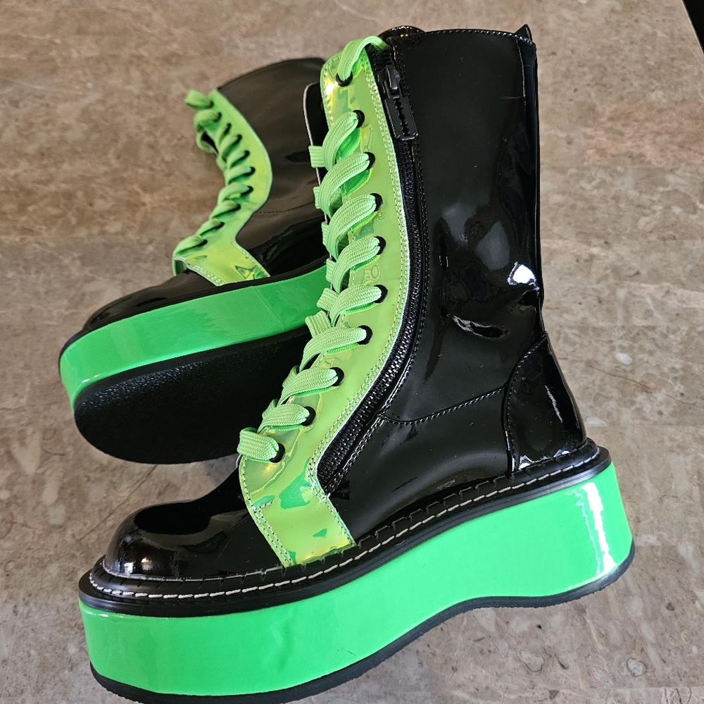 Demonia Emily 350 Neon Green UV Reactive Wrapped Platform MidCalf Lace-up size 7 - Picture 8 of 10